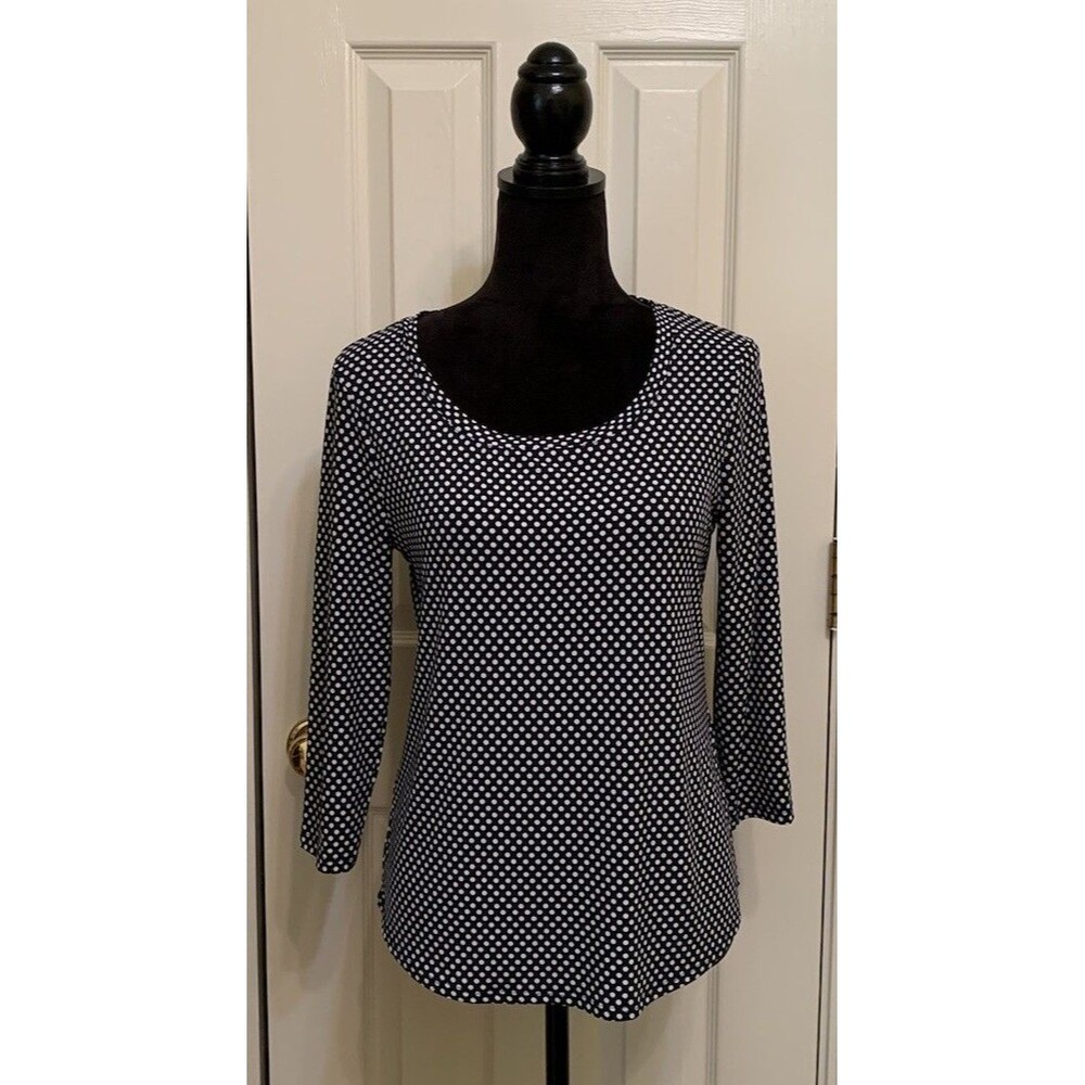 Chicos Size 0 Polka Dot Top Womens Small Navy Blue White 3/4 Sleeve Casual
